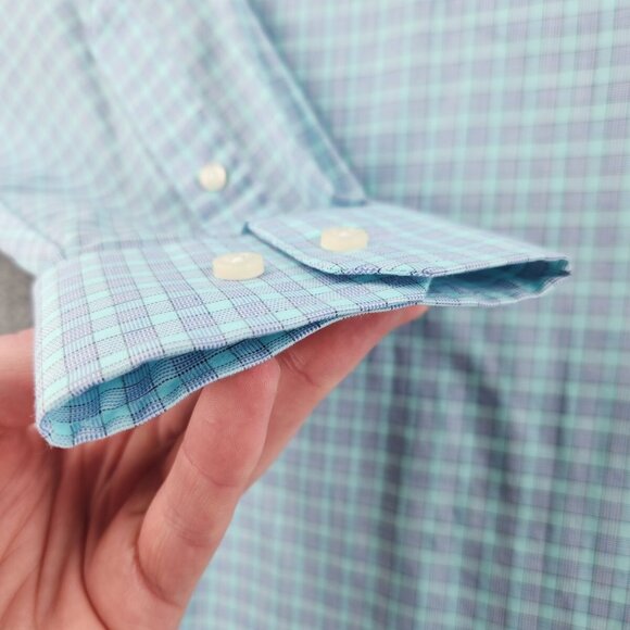 NWT Stafford Travel Button Up Shirt Green Blue Check 14.5 32/33 Regular Woven - Picture 13 of 16